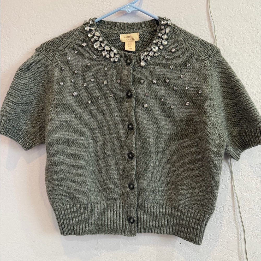 Camila Coelho Embellished Short-Sleeve Gray Knit Cardigan Sweater